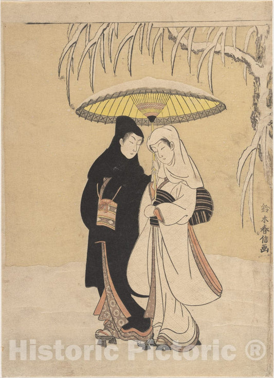 Art Print : Suzuki Harunobu - Lovers Walking in The Snow (Crow and Heron) - Japan : Vintage Wall Art