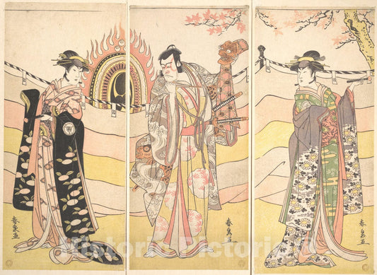 Art Print : Katsukawa Shunsen - Three Actors in Beautiful Costumes Performing a Religious Dance - Japan : Vintage Wall Art
