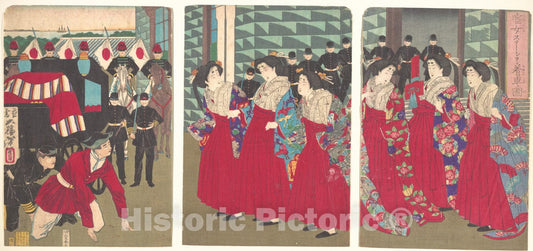 Art Print : Tsukioka Yoshitoshi - Illustration of Ladies-in-Waiting Boarding at a Station (Kanjo sut?shon chakusha zu) - Japan : Vintage Wall Art