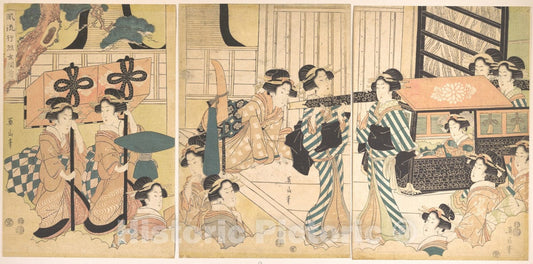 Art Print : Kikugawa Eizan - Promenade of Famous Beauty Escorted by Many Female Attendants - Japan : Vintage Wall Art