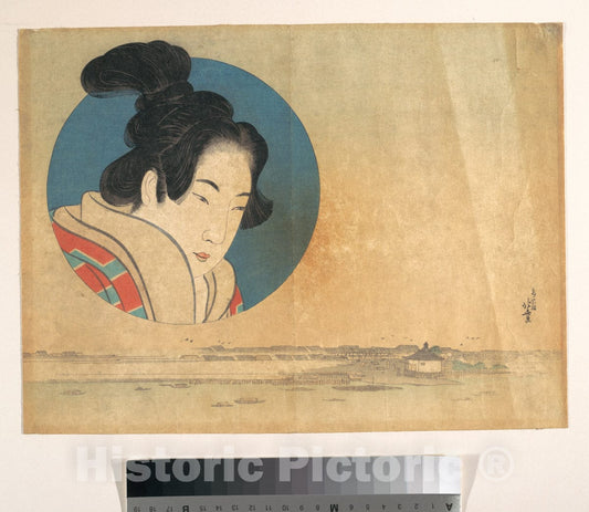 Art Print : Katsushika Hokusai - Portrait of a Woman in Large Circle with Landscape Below - Japan : Vintage Wall Art