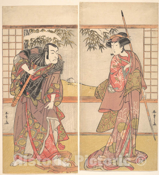 Art Print : Katsukawa Shunsho  - Osagawa Tsuneyo II in the Role of Oishi and Ichikawa Danjuro V in the Role of Honzo  : Vintage Wall Art