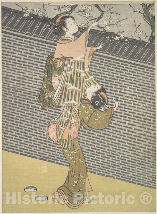 Art Print : Suzuki Harunobu - Plucking a Branch from a Neighbor's Plum Tree - Japan : Vintage Wall Art