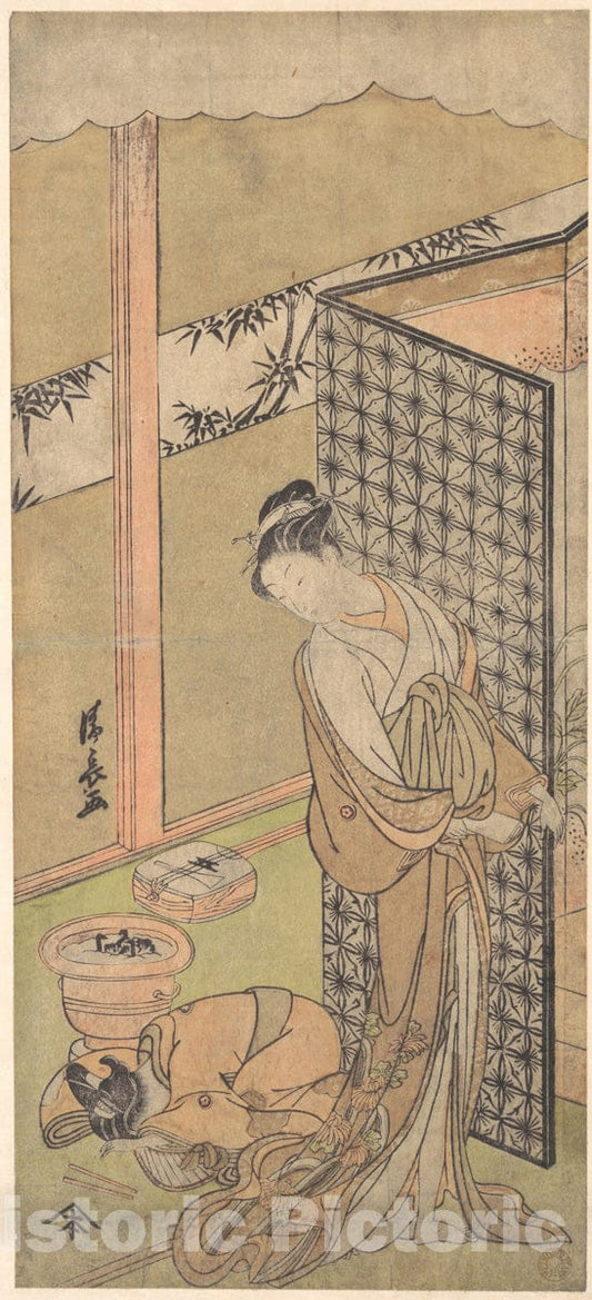 Art Print : Torii Kiyonaga - an Oiran in Night Attire, pausing, with one Hand on The Screen That Surrounds Her Bed - Japan : Vintage Wall Art