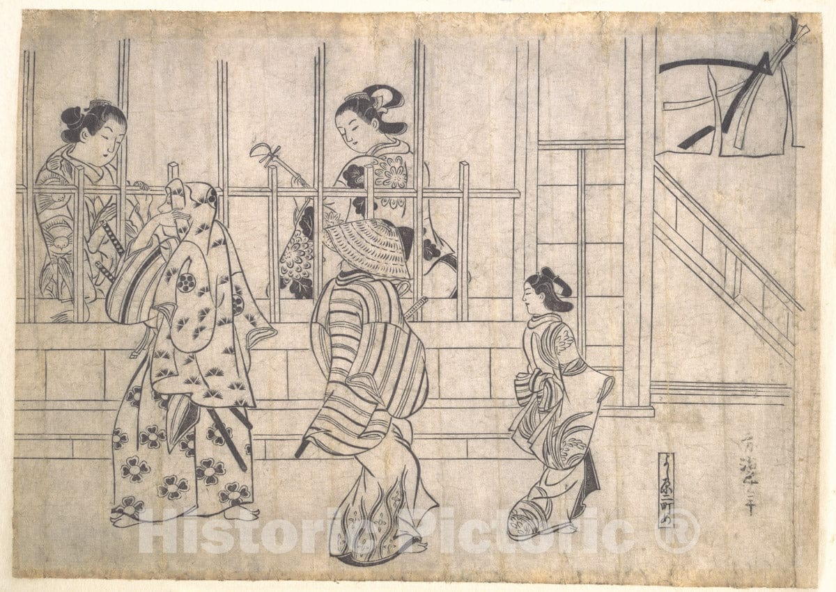 Art Print : Hishikawa Moronobu - Street Scene in Yoshiwara - Japan : Vintage Wall Art