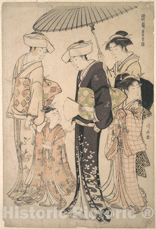 Art Print : Torii Kiyonaga  - Two Women in Summer Costume Taking a Young Girl to a Shinto Temple : Vintage Wall Art