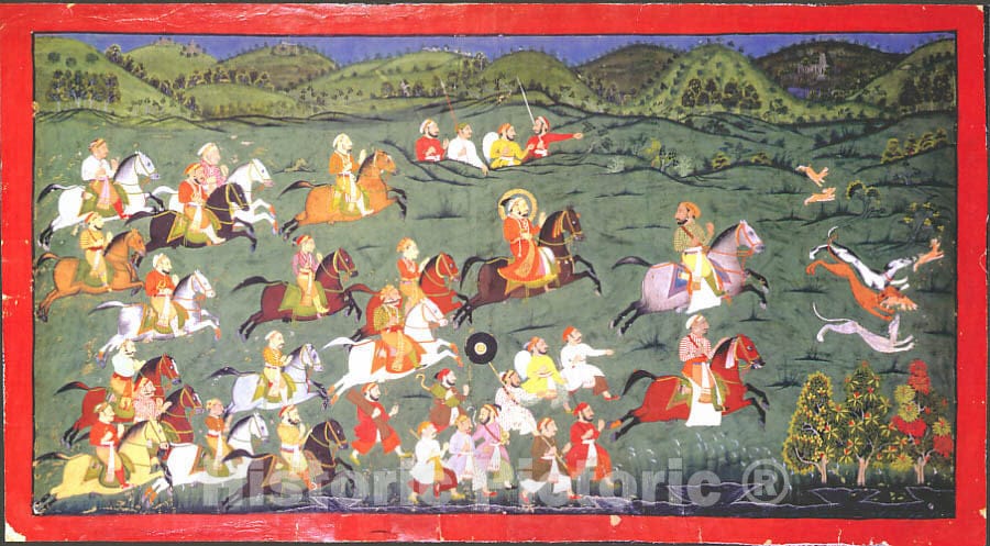 Art Print : Unidentified Artist - Maharana Sangram Singh II Hunts Hares at Naramangra - Western India, Rajasthan, Udaipur : Vintage Wall Art