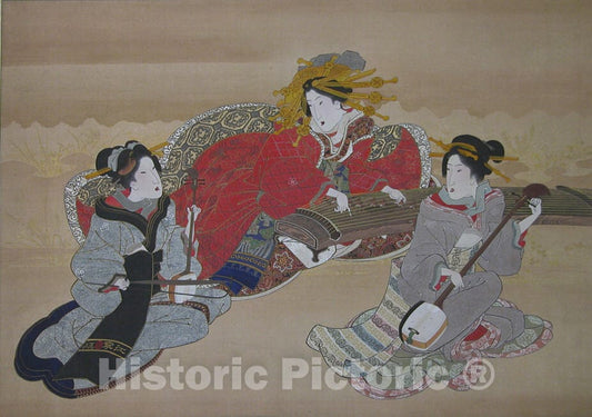 Art Print : Utagawa Kuniyoshi - Three Beauties Playing Musical Instruments - Japan : Vintage Wall Art