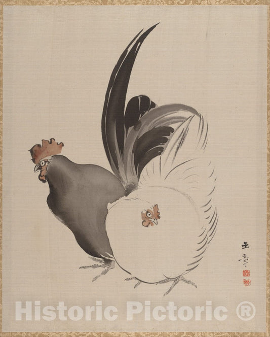 Art Print : Kawabata Gyokush? - Cock and Hen - Japan : Vintage Wall Art
