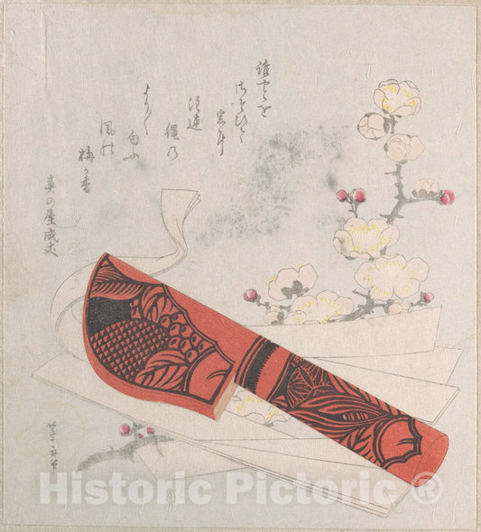 Art Print : Uematsu T?sh? - Plum Blossoms, Cut Paper and a Knife in Sheath - Japan : Vintage Wall Art