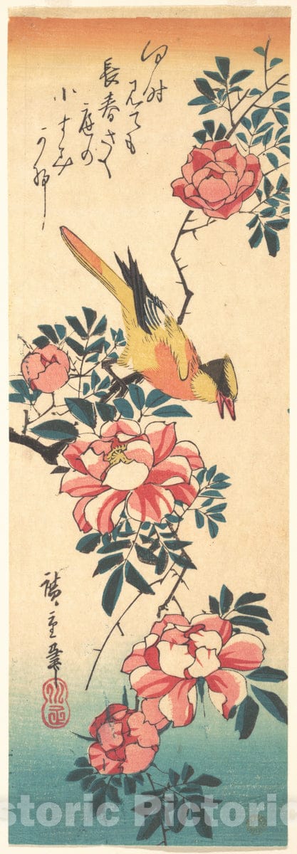 Art Print : Utagawa Hiroshige - Eastern Grey Wagtail and Rose : Vintage Wall Art