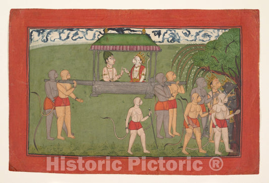 Art Print : Lakshmana and Sugriva Being Carried by Palanquin to Receive Rama's Blessings : Vintage Wall Art