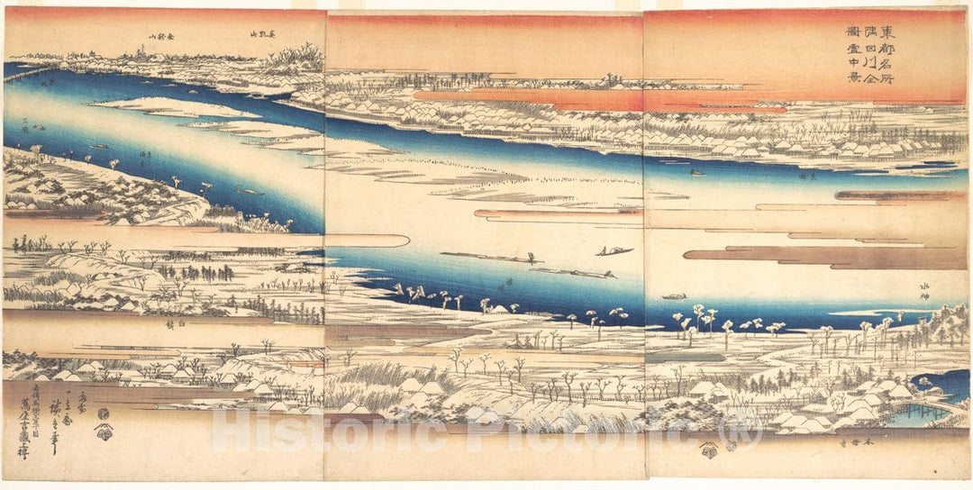 Art Print : Utagawa Hiroshige - Celebrated Places in The Eastern Capital: Panoramic View of The Sumida River in Snow - Japan : Vintage Wall Art