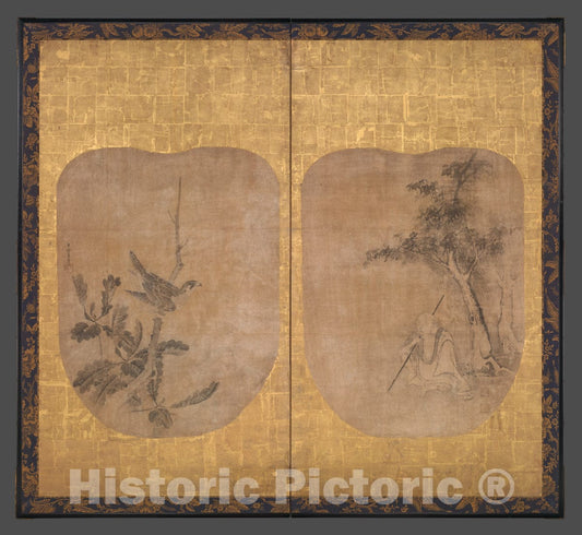 Art Print : SOGA Nichokuan - Ancient and Hawk on an Oak Tree - Japan : Vintage Wall Art