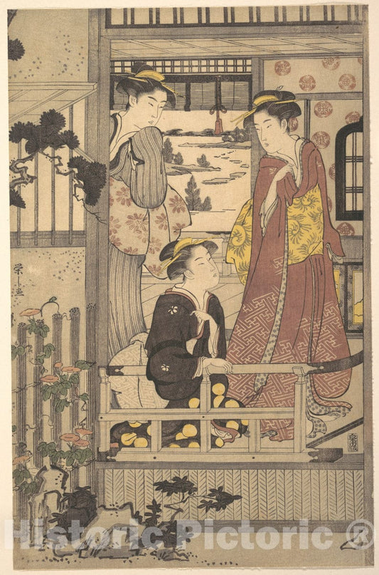 Art Print : Ch?bunsai Eishi - Three Women on a Veranda - Japan : Vintage Wall Art