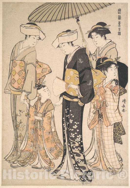 Art Print : High-Ranking Samurai Girl with Four Attendants, from The Series A Brocade of Eastern Manners - Artist: Torii Kiyonaga - Created: c1784 : Vintage Wall Art