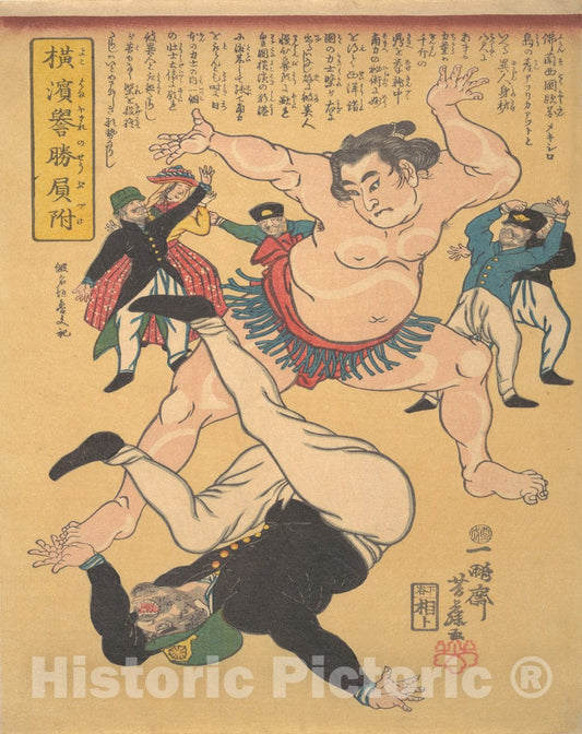 Art Print : Ipp?sai Yoshifuji - Yokohama Sumo Wrestler Defeating a Foreigner - Japan : Vintage Wall Art