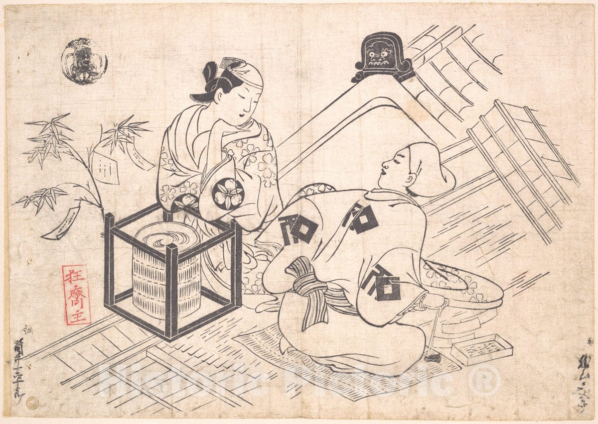 Art Print : Okumura Masanobu  - Yane-chi Seated on a Straw Mat on the Tiled Roof of a House : Vintage Wall Art