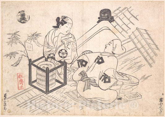 Art Print : Okumura Masanobu  - Yane-chi Seated on a Straw Mat on the Tiled Roof of a House : Vintage Wall Art
