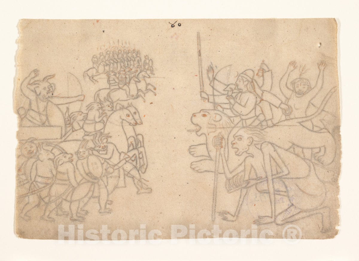 Art Print : Durga and Kali Approach the Gathered Armies of Chanda and Munda: Scene from the Devi Mahatmya  v.2 : Vintage Wall Art