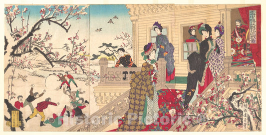 Art Print : Y?sh? (Hashimoto) Chikanobu - Children Playing in The Snow Under Plum Trees in Bloom (Secch? bais? gunji y?gi zu) - Japan : Vintage Wall Art