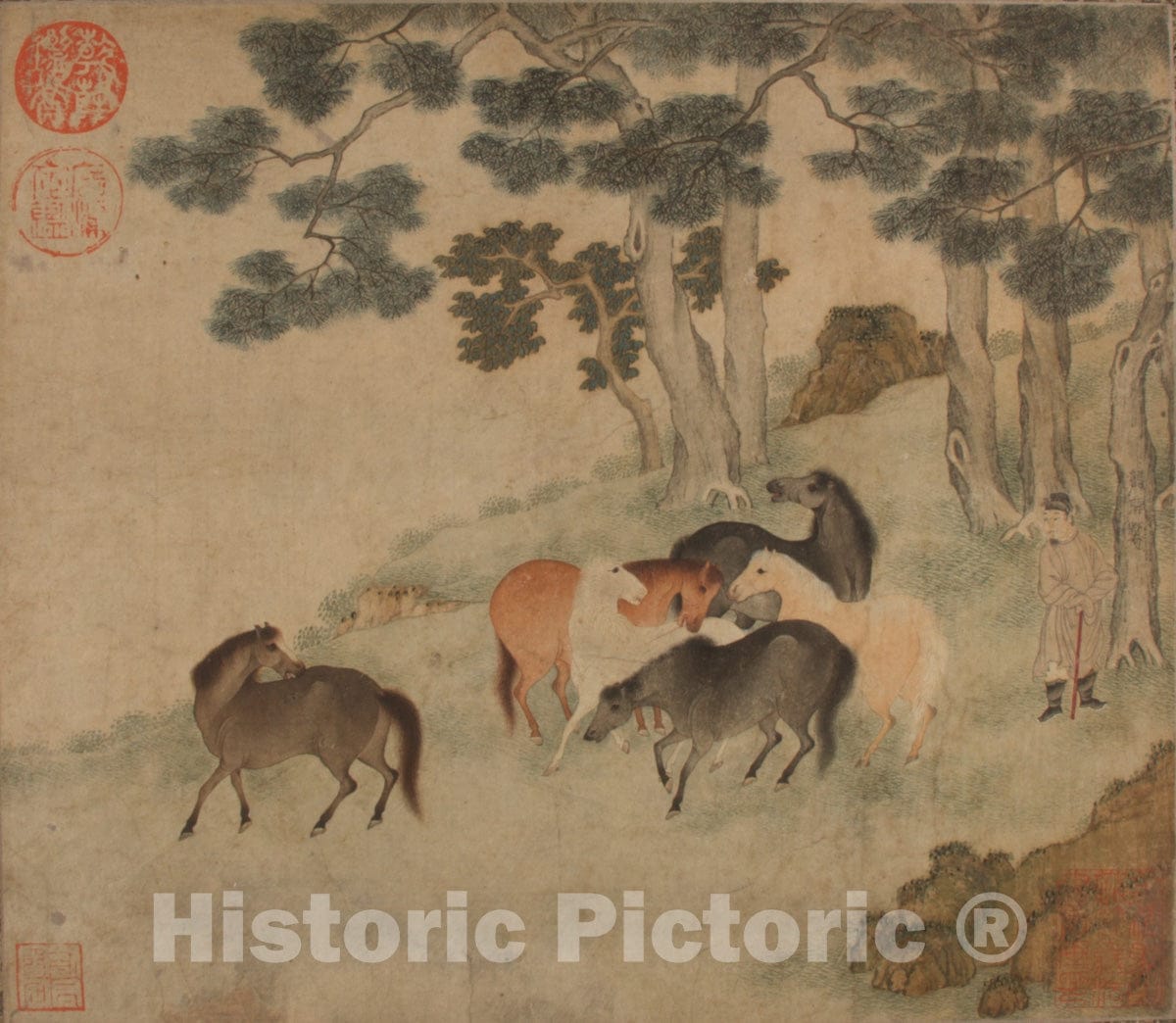 Art Print : Unidentified Artist - Horses in Landscape with Attendant - China - Yuan Dynasty (1271–1368) : Vintage Wall Art