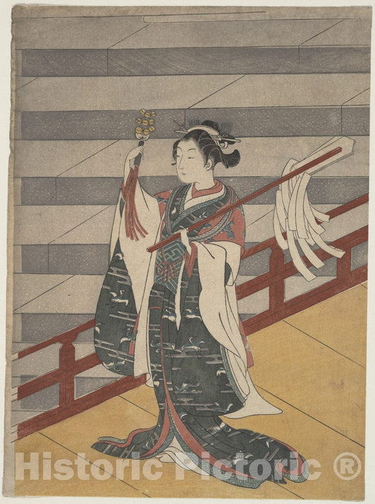 Art Print : Suzuki Harunobu - Girl on Balcony Above Stone Stairway - Japan : Vintage Wall Art
