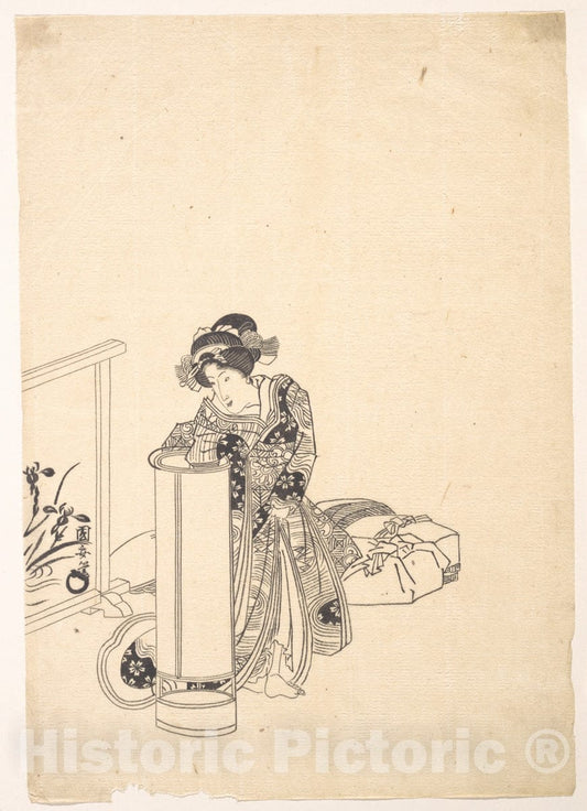 Art Print : Utagawa Kuniyasu - Young Woman Leaning Over a Tall Lamp - Japan : Vintage Wall Art