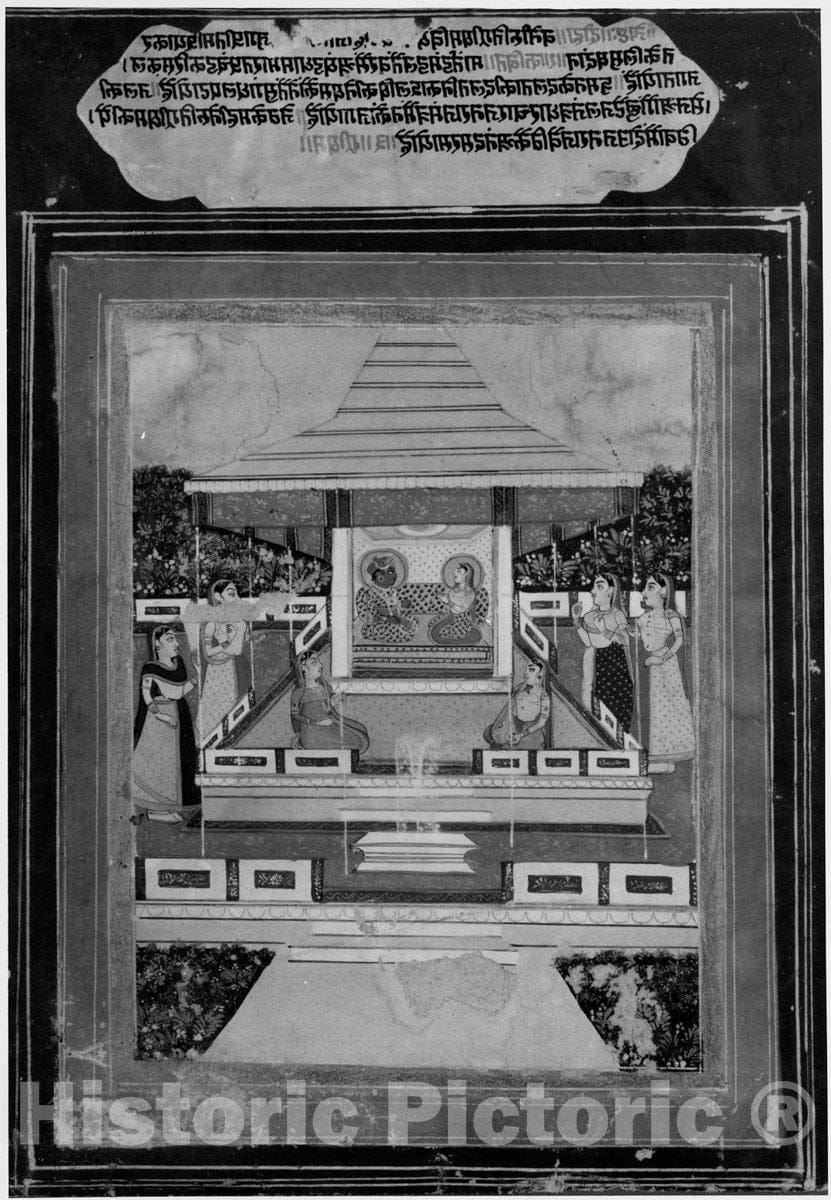 Art Print : Krishna and Radha in Garden Pavilion with Female Attendants : Vintage Wall Art
