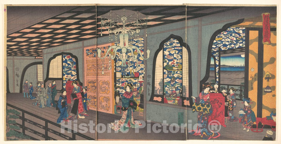 Art Print : Utagawa Hiroshige II - Upper Floor of The Gankir? Tea House in Yokohama - Japan : Vintage Wall Art