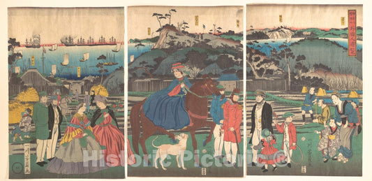 Art Print : Utagawa Yoshikazu - Foreigners Visiting The Famous Site of Mt. Gongen in Kanagawa - Japan v.1 : Vintage Wall Art