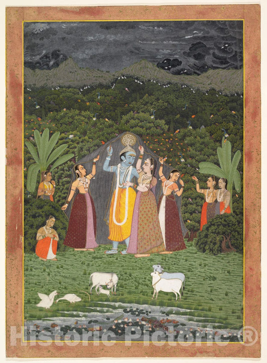 Art Print : Krishna and the Gopis Take Shelter from the Rain : Vintage Wall Art