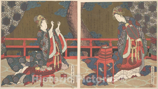 Art Print : Yashima Gakutei - Two Ladies on a Verandah, One with Fan, The Other Threading a Needle - Japan : Vintage Wall Art