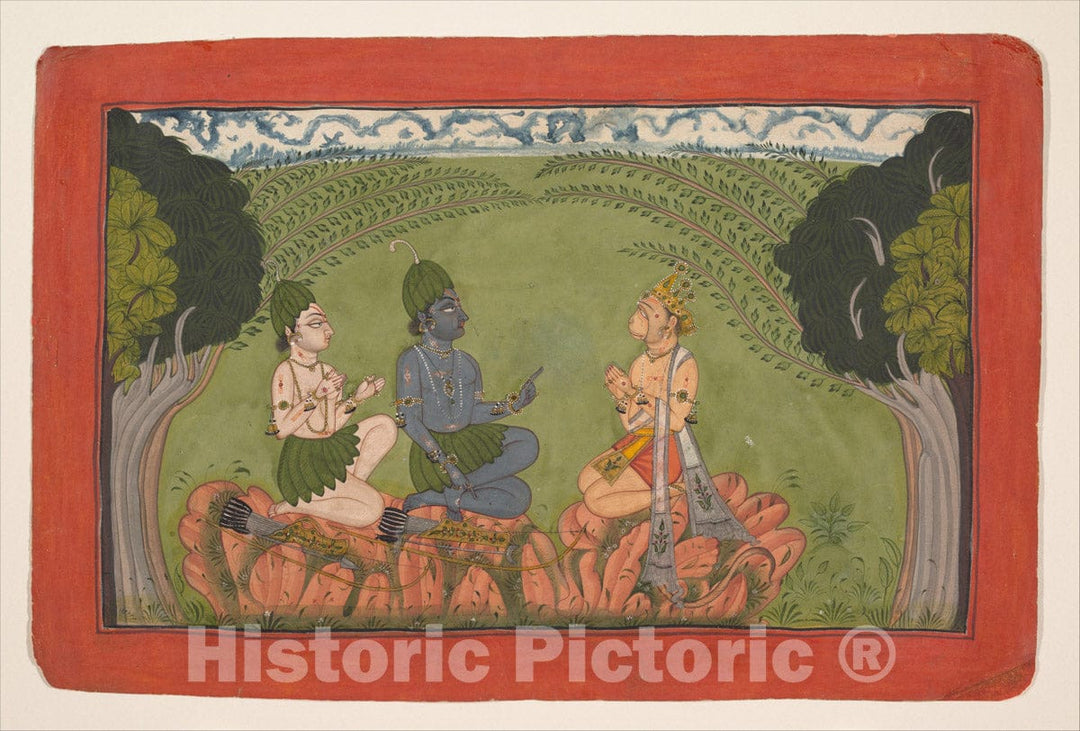 Art Print : Hanuman before Rama and Lakshmana: Folio from the dispersed “Mankot" Ramayana series : Vintage Wall Art