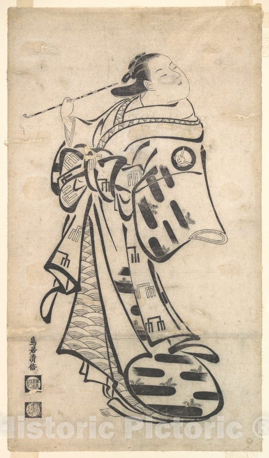 Art Print : Torii Kiyomasu I - an Oiran Standing, a Pipe in Her Right Hand, and Turning to Look Behind Over Her Shoulder - Japan : Vintage Wall Art