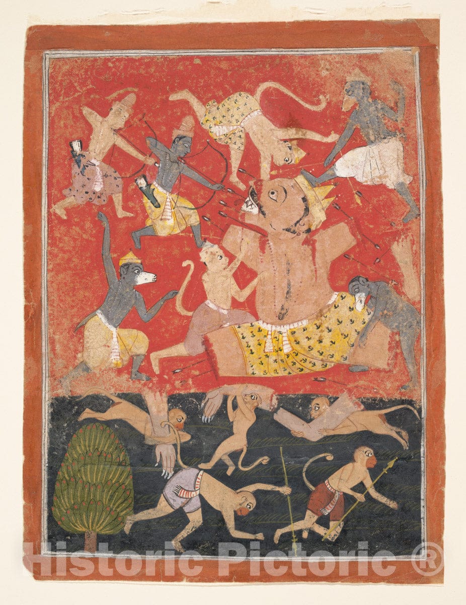 Art Print : The Demon Kumbhakarna Is Defeated by Rama and Lakshmana: Folio from a Dispersed Ramayana Series : Vintage Wall Art