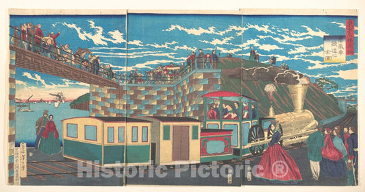 Art Print : Illustration of Steam Locomotive Tracks at Takanawa, Artist: Tsukioka Yoshitoshi - Created: 1872 : Vintage Wall Art