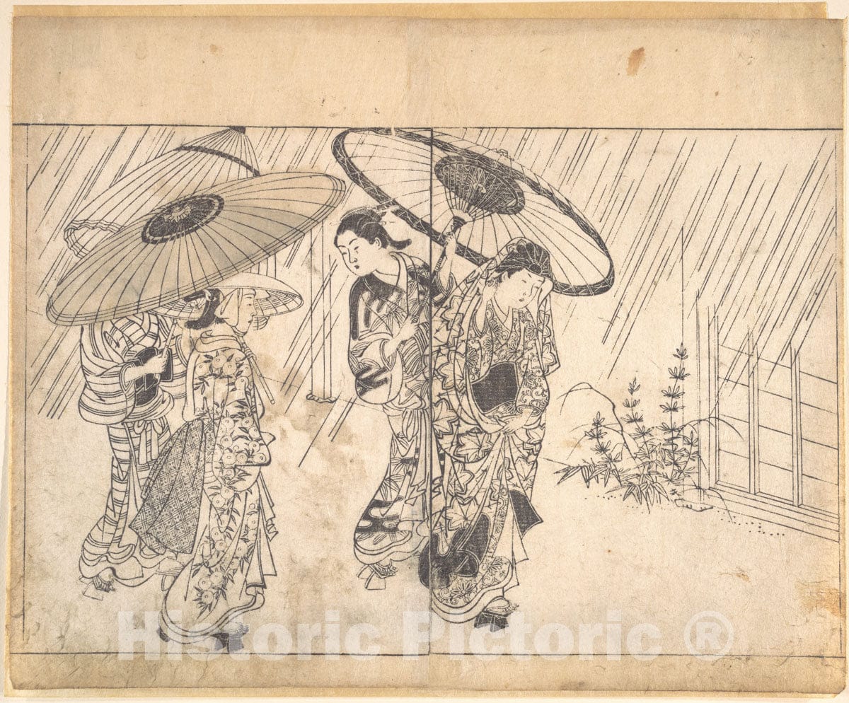 Art Print : Nishikawa Sukenobu - A Lady with Three Attendants in The Rain - Japan : Vintage Wall Art