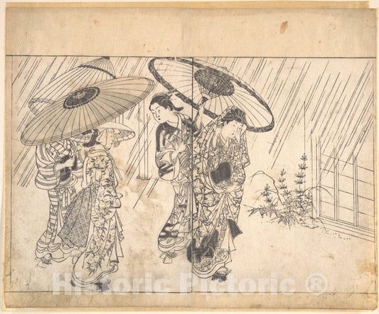Art Print : Nishikawa Sukenobu - A Lady with Three Attendants in The Rain - Japan : Vintage Wall Art
