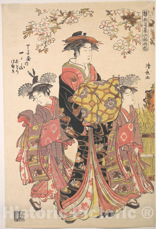Art Print : Torii Kiyonaga - an Oiran Accompanied by Two Kamuro - Japan : Vintage Wall Art
