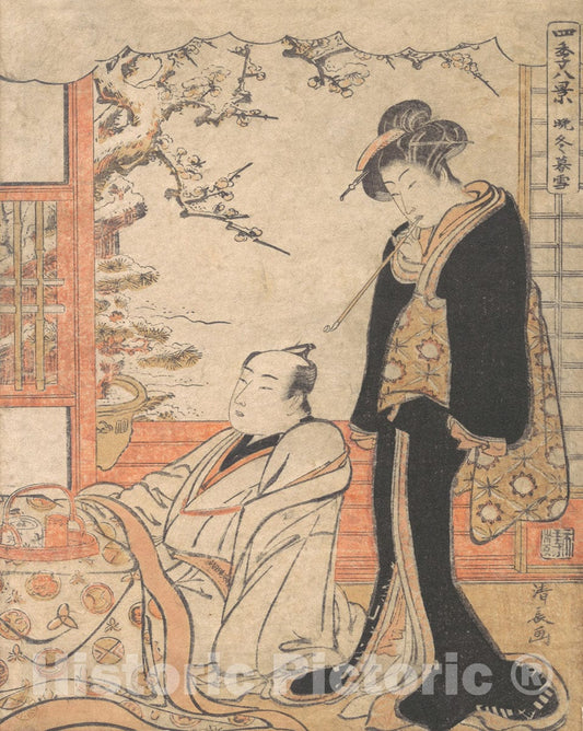 Art Print : Torii Kiyonaga - Evening Snow at Banto - Japan : Vintage Wall Art