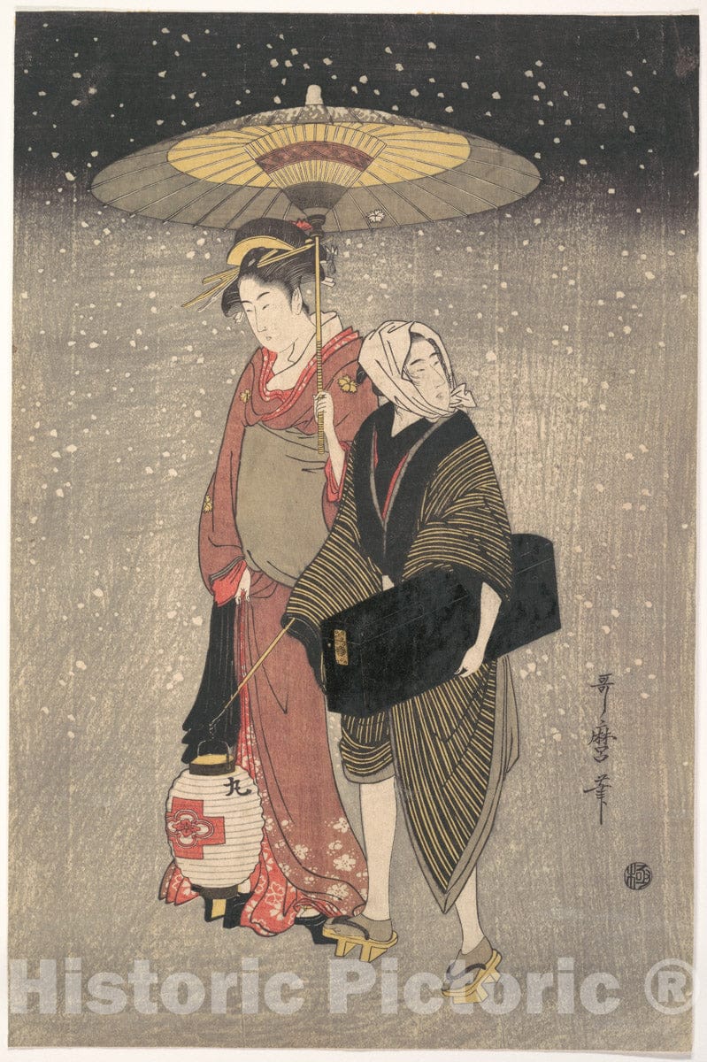 Art Print : Kitagawa Utamaro - Geisha Walking Through The Snow at Night - Japan : Vintage Wall Art