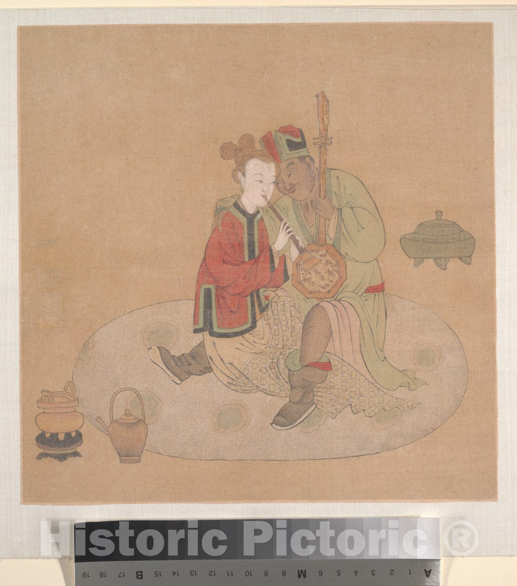 Art Print : Unidentified Artist - Tartar Officer with Blond Lady Playing Musical Instruments - China : Vintage Wall Art