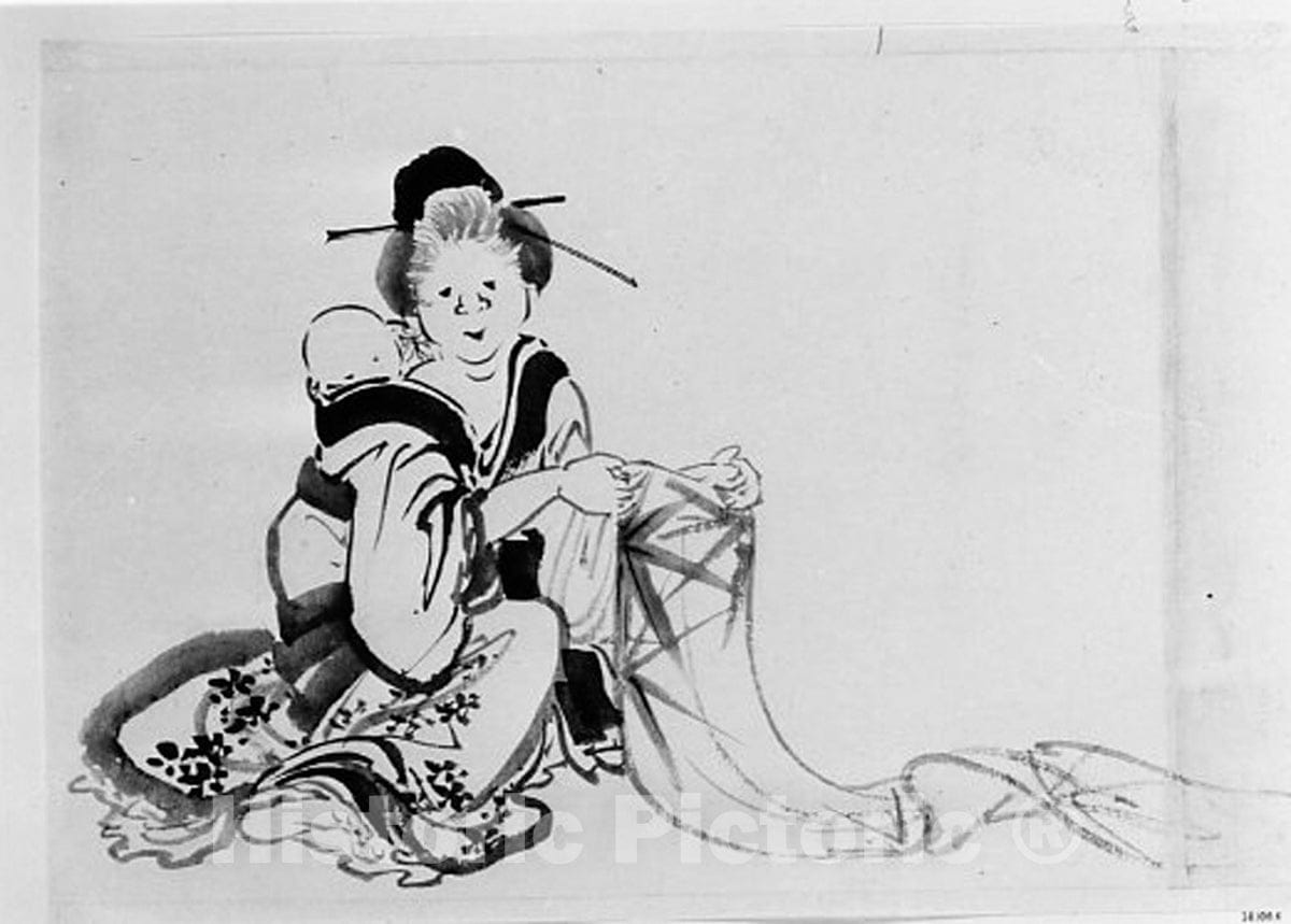 Art Print : Hokusai School - Woman with Baby on Her Back - Japan : Vintage Wall Art