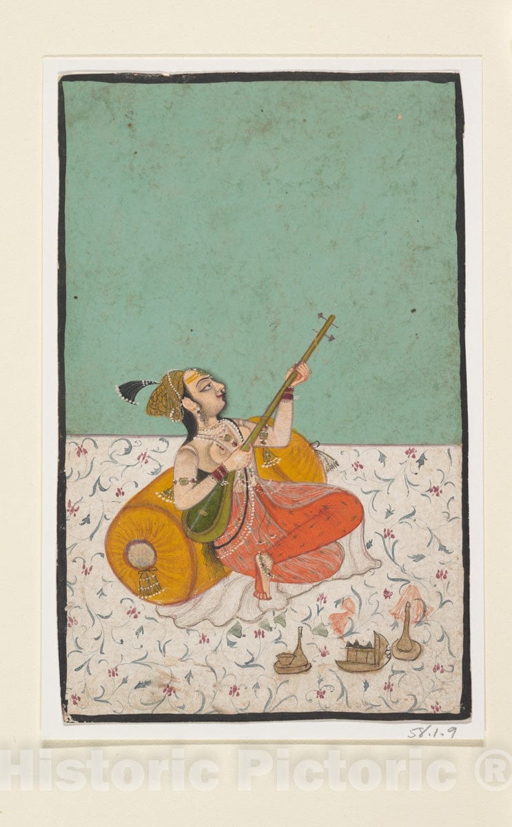 Art Print : Lady Musician Playing a Sitar : Vintage Wall Art