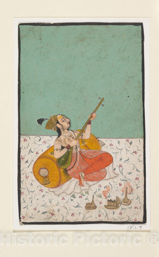 Art Print : Lady Musician Playing a Sitar : Vintage Wall Art