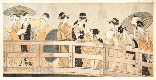 Art Print : Kitagawa Utamaro - Enjoying The Cool Evening Breeze on and Under The Bridge - Japan v.1 : Vintage Wall Art