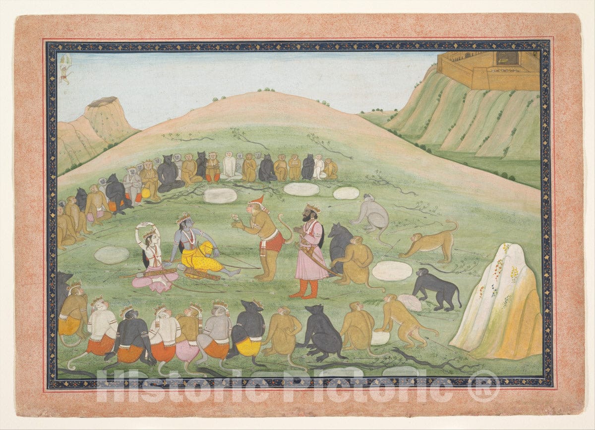 Art Print : Nainsukh  - Hanuman Revives Rama and Lakshmana with Medicinal Herbs : Vintage Wall Art