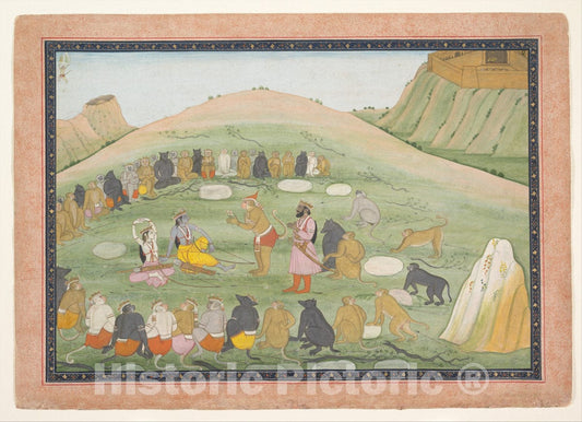 Art Print : Nainsukh  - Hanuman Revives Rama and Lakshmana with Medicinal Herbs : Vintage Wall Art