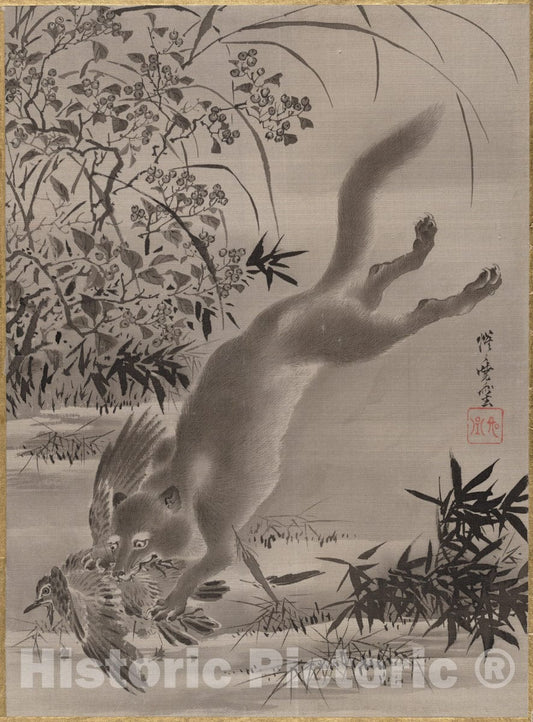 Art Print : Kawanabe Ky?sai - Fox Catching Bird - Japan : Vintage Wall Art